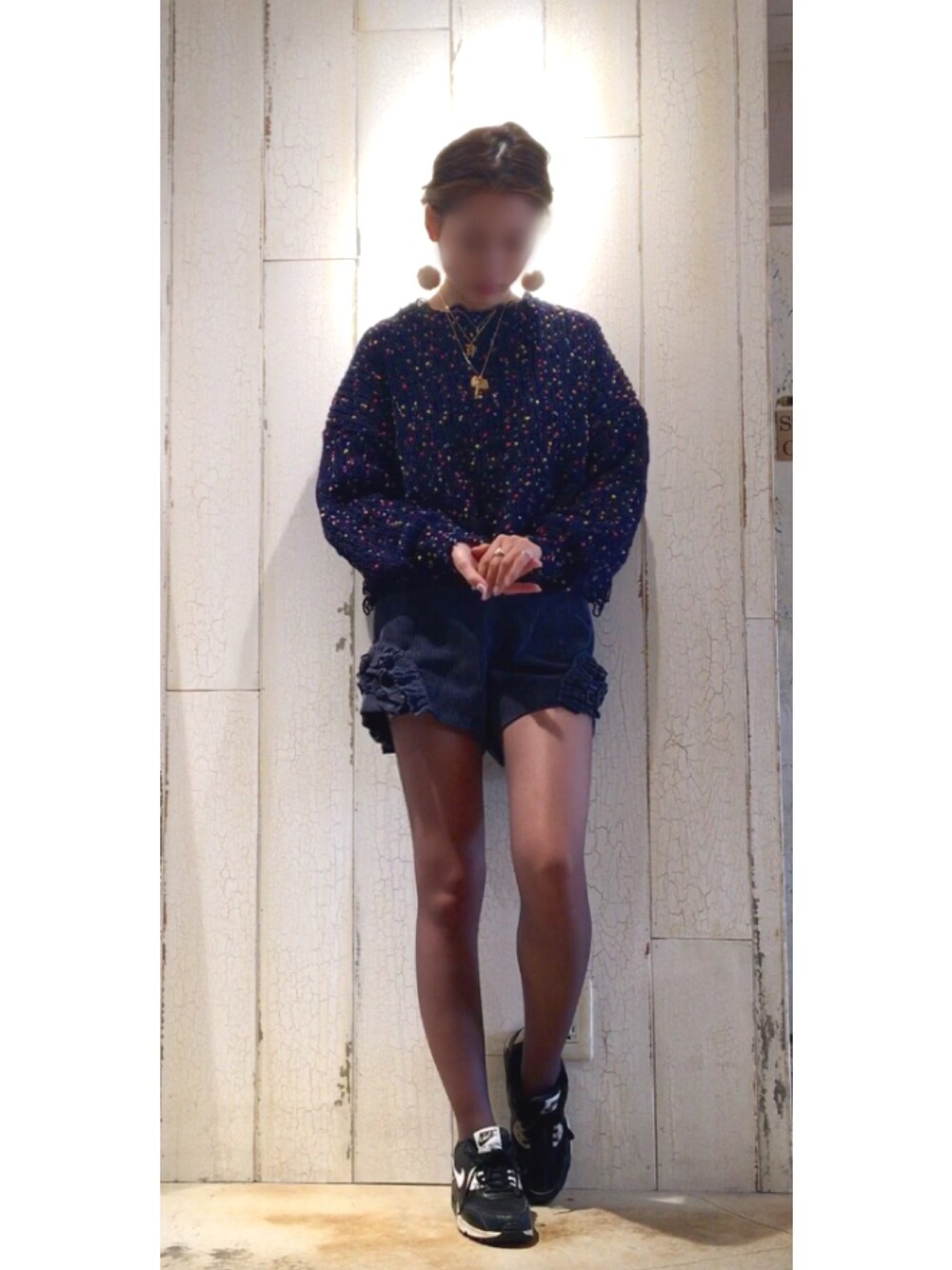 「カジュアル、dholic、ootd、冬、ワントーンコーデ、ニット、Lily Brown、NIKE、ネイビー、outfit」｜「DHOLICのアイテム（ニット/セーター、ブルー系）」を使った、moeÜさん（レディース・158cm）の冬コーディネートの1枚目の写真