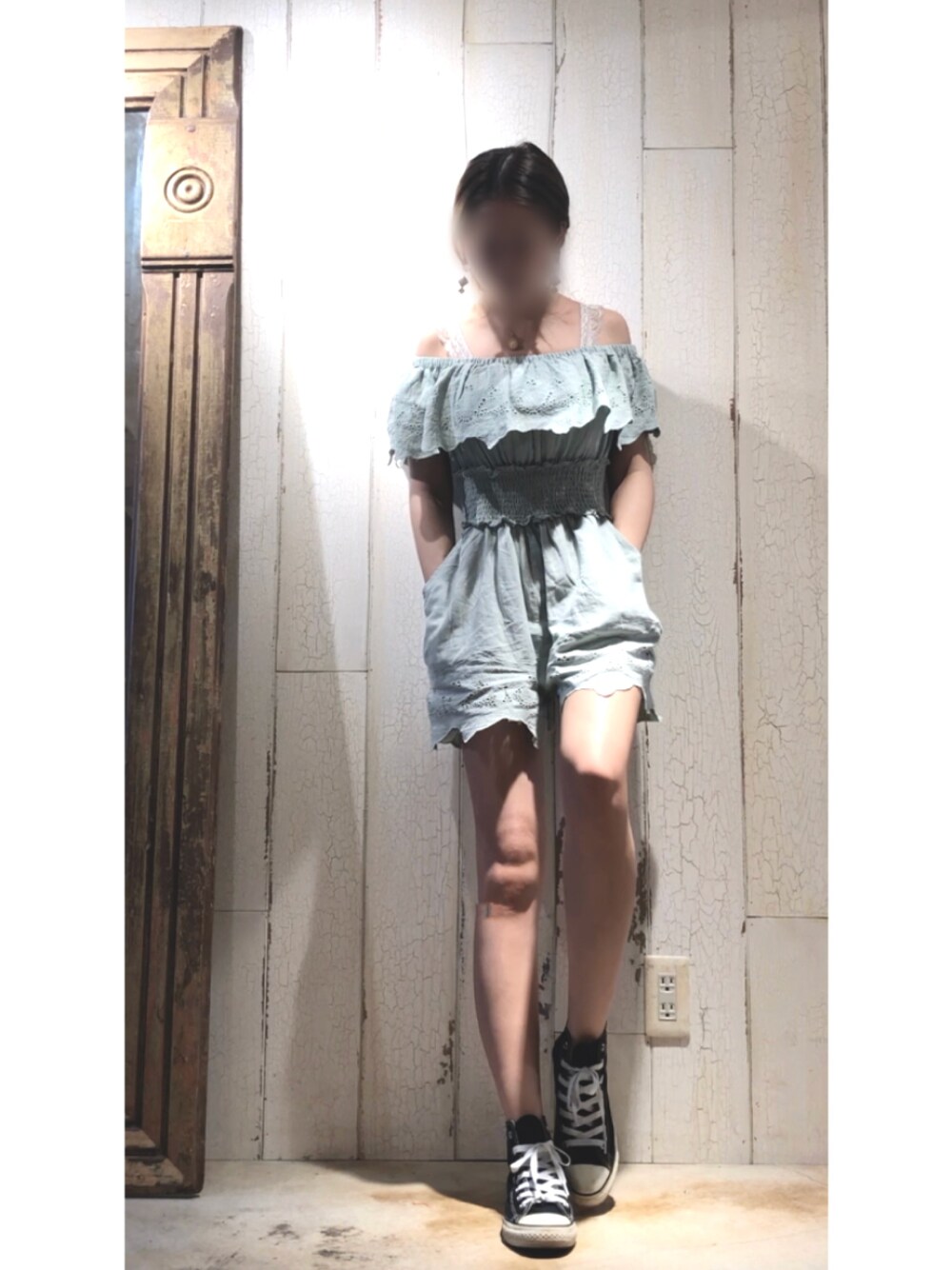 「カジュアルコーデ、シンプル、ZARA、楽チンコーデ、夏、おしゃれさんと繋がりたい、ショートパンツ、レース、ハンドメイド、プチプラ」｜「ZARAのアイテム（つなぎ/オールインワン、グリーン系）」を使った、moeÜさん（レディース・158cm）の夏コーディネートの1枚目の写真