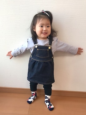 「PETIT BATEAU（プチバトー）のアイテム（ジャンパースカート）」を使った、ゆこさん（キッズ・80cm）の春コーディネート