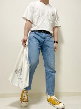 「ZOZO（ゾゾ）のストレートデニムパンツ［MEN］（デニムパンツ）」を使った、kasago/Instagramも見てねさん（メンズ・165cm）の春コーディネート