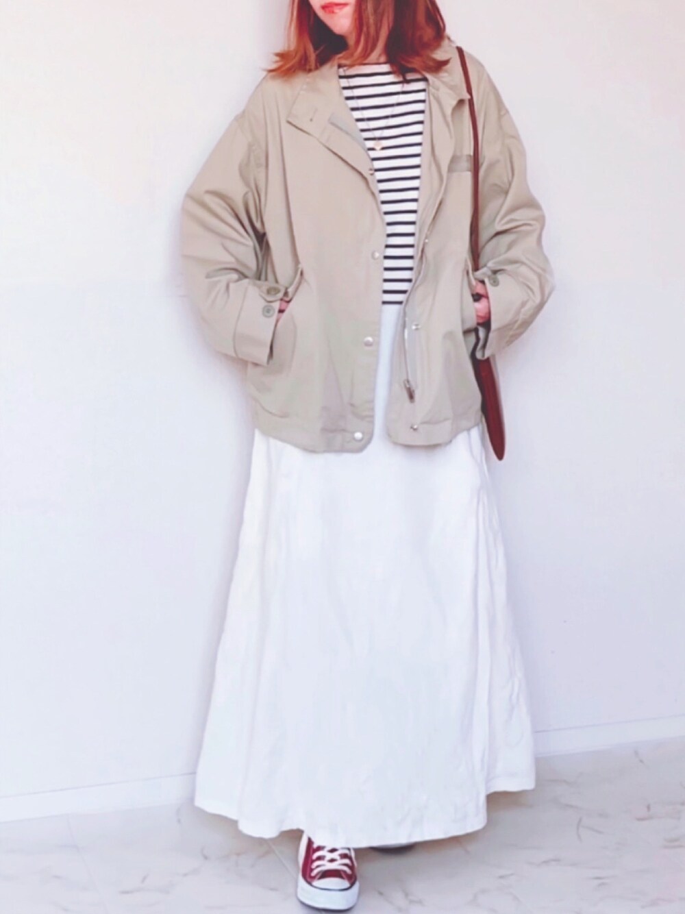 「ミリタリー、春アウター、dholic、ボーダー、ボーダートップス、FORK&SPOON、URBAN RESEARCH DOORS、フレアスカート、春コーデ、着回しコーデ」｜「DHOLICのドロストミリタリージャンパー（その他アウター、グリーン系）」を使った、舞妓さん（レディース・160cm）の春コーディネートの1枚目の写真