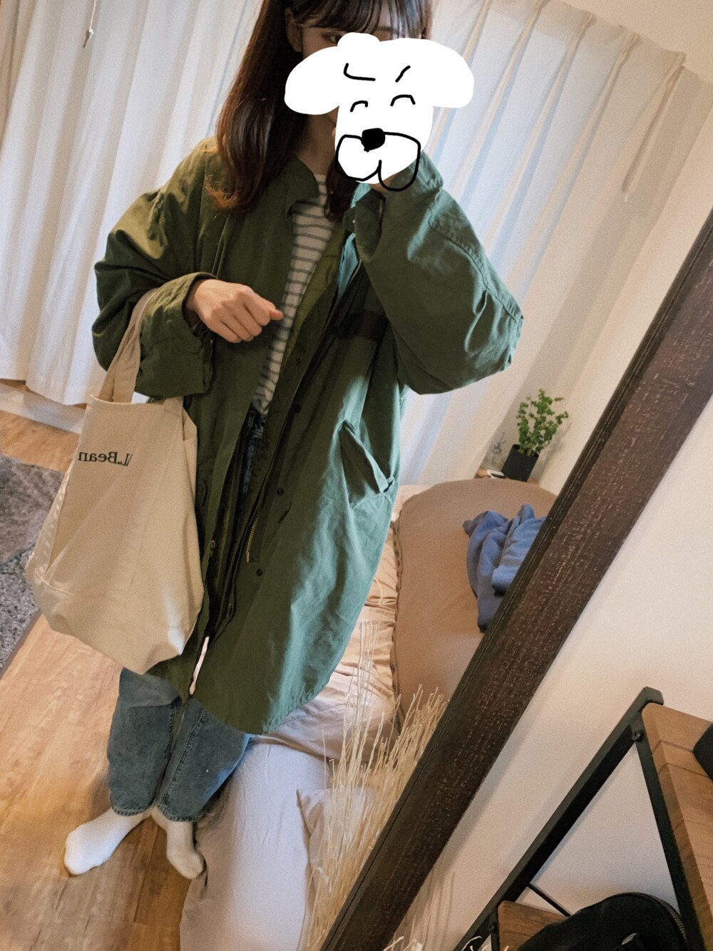「春コーデ、モッズコート、ボーダートップス、デニム、GU、FREAK’Ｓ STORE、GERMAN TRAINER、いいね、save、フォローお願いします🤑」｜「inugasukiのアイテム（その他、ホワイト系）」を使った、inugasukiさん（レディース・165cm）の冬コーディネートの1枚目の写真
