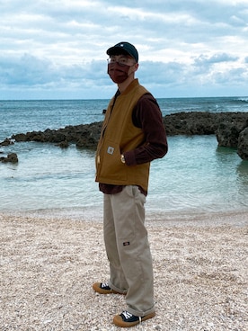 「Carhartt WIP（カーハートダブリューアイピー）のアイテム（ダウンベスト）」を使った、Liang Yuさん（メンズ・172cm）の冬コーディネート