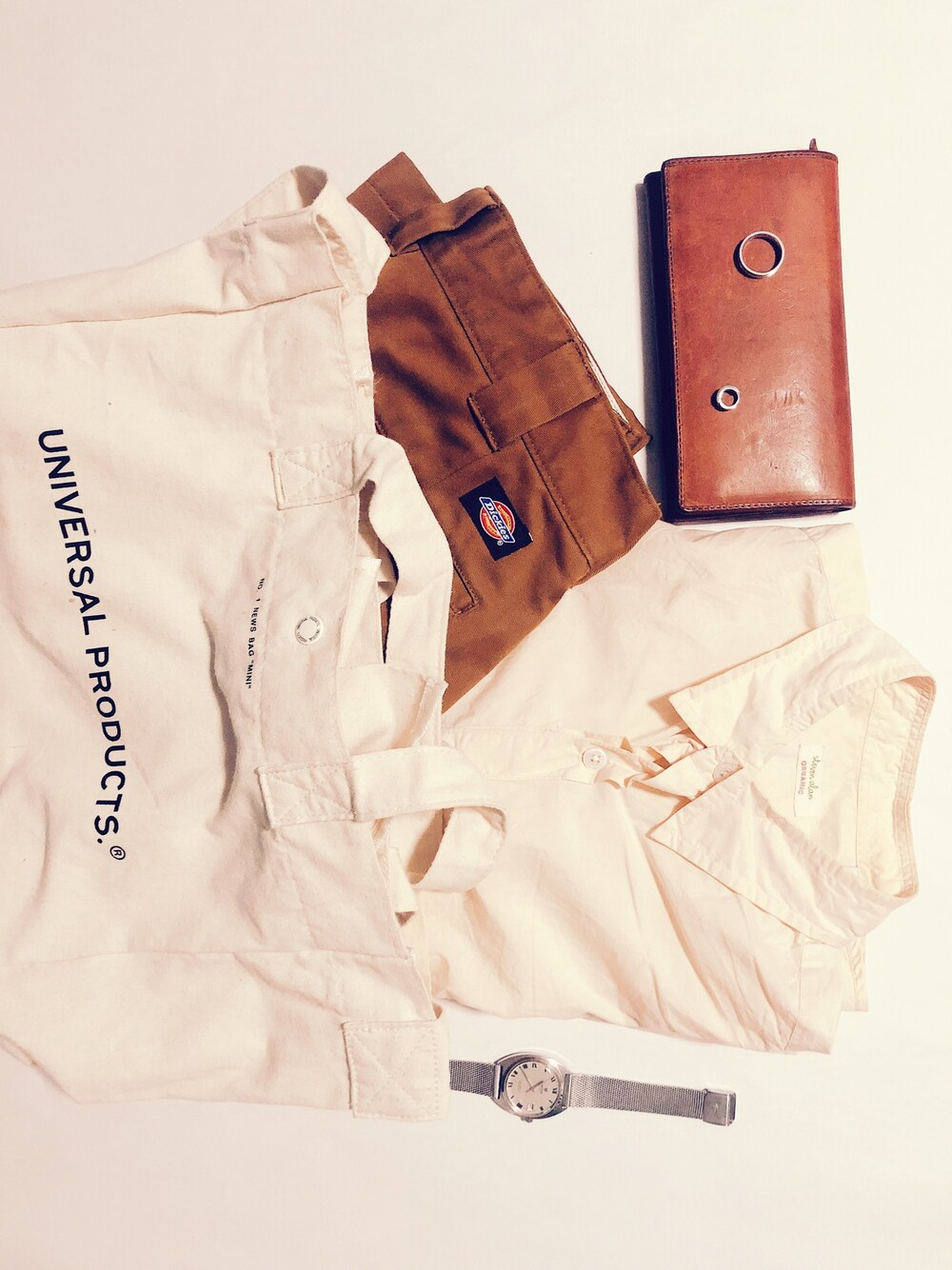 「summer、VINTAGE、Steven Alan、Dickies、sot、autumn、fall、古着、AURALEE、置き画」｜「sotのプエブロレザー ロングウォレット（財布、イエロー系）」を使った、はーびーさん（メンズ・170cm）の秋コーディネートの1枚目の写真