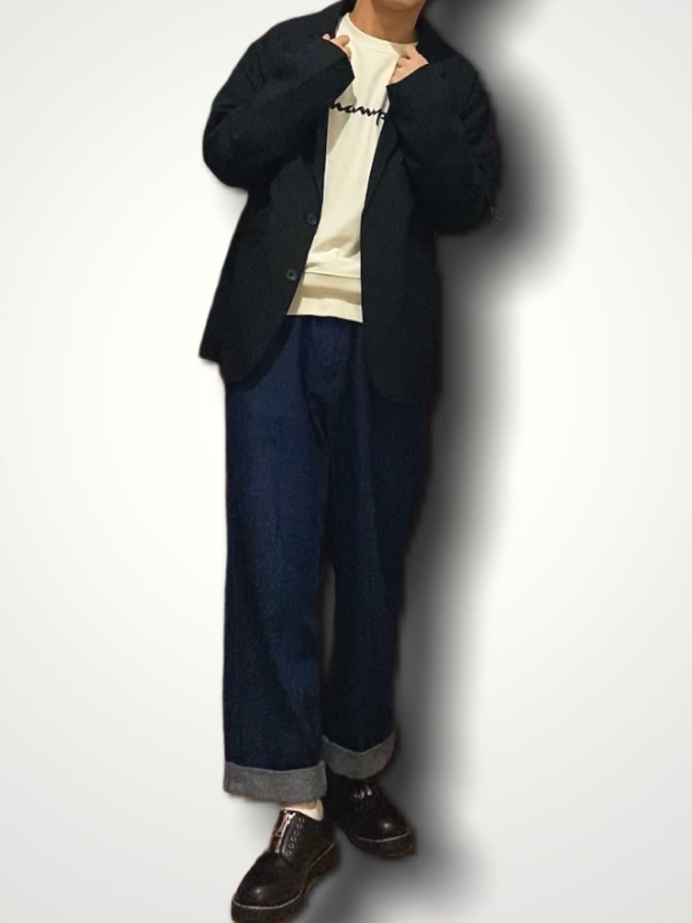「お洒落さんとつながりたい、ビッグシルエット、ワイドパンツ、デニムワイドパンツ、オトナカジュアル、カジュアルコーデ、いいね、save、フォローお願いします🤑、低身長」｜「ASTRONOMYのポリトロリラックスアーバンフィットテーラード＆テーパードパンツ セットアップ（テーラードジャケット、ブラック系）」を使った、やんやんさん（メンズ・168cm）の春コーディネートの1枚目の写真