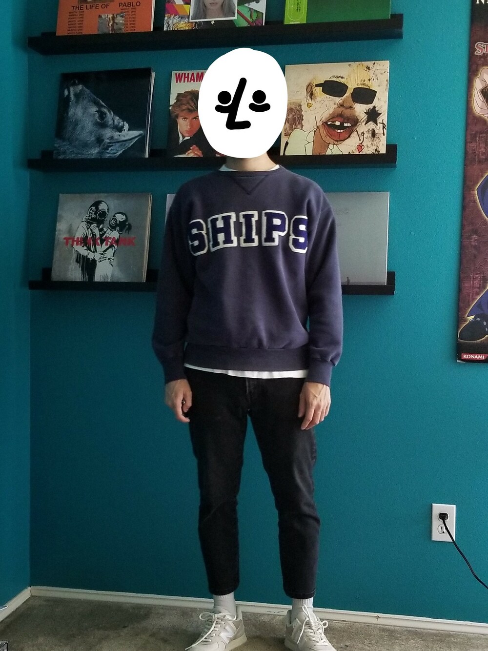 「black、New Balance、UNIQLO、summer、blue、SHIPS、white、574、Seattle、sweatshirt」｜「SHIPSのShips（スウェット、ブルー系）」を使った、Shipさん（メンズ・168cm）の夏コーディネートの1枚目の写真