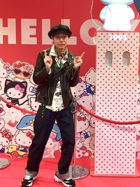 「バンダナ」｜「アイテム（ライダースジャケット）」を使った、りーすさん（メンズ・168cm）の冬コーディネート