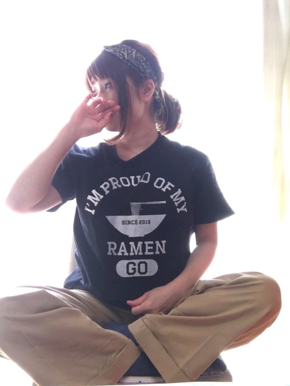 「らーめんGOTシャツ、らーめんごう、ママコーデ」｜「LEPSIMのヘアターバンSS　746764（ヘアバンド、ブルー系）」を使った、くろ🍀😚さん（レディース・154cm）の春コーディネートの1枚目の写真