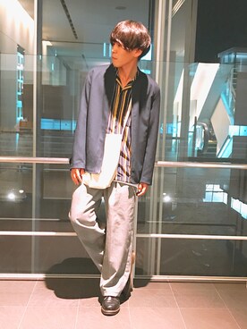 「EMMA CLOTHES（エマクローズ）のアイテム（ノーカラージャケット）」を使った、まきおさん（メンズ・171cm）の秋コーディネート