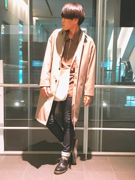 「リドム」｜「アイテム（ステンカラーコート）」を使った、まきおさん（メンズ・171cm）の秋コーディネート