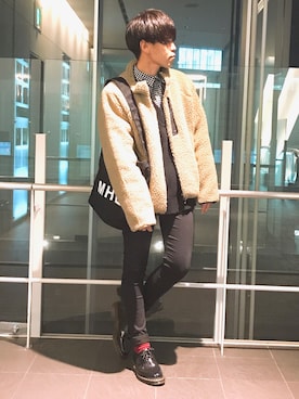 「MHL.」｜「アイテム（ブルゾン）」を使った、まきおさん（メンズ・171cm）の冬コーディネート