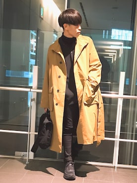 「MHL.」｜「アイテム（トレンチコート）」を使った、まきおさん（メンズ・171cm）の冬コーディネート