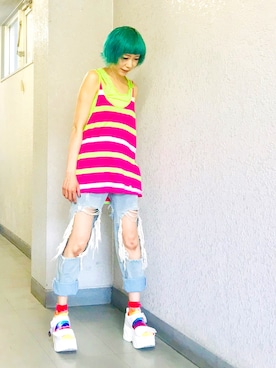 「Abercrombie&Fitch（アバークロンビーアンドフィッチ）のアイテム（タンクトップ）」を使った、漆黒のぷりんきぃ🌙*.｡★*ﾟさん（レディース・153cm）の夏コーディネート