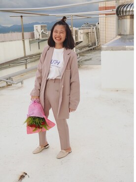 「アイテム（セットアップ、ピンク系）」を使った、Annaさん（レディース・158cm）の秋コーディネート