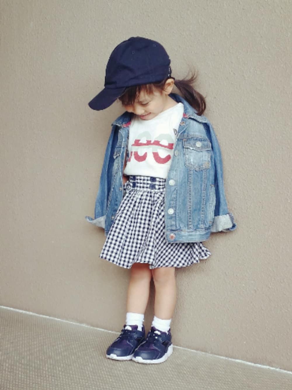 「ドラフトリー、キャップ、LEE、スカート、3歳、Gジャン、デニム」｜「NIKEの【NIKE(ナイキ)】ハラチ ラン14cm-16cm（スニーカー、ブルー系）」を使った、hayumiさん（キッズ・90cm）の夏コーディネートの1枚目の写真