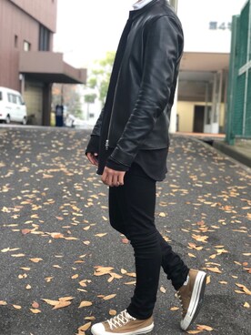 「アイラブCONVERSE」｜「アイテム（ライダースジャケット）」を使った、SHOさん（メンズ・168cm）の冬コーディネート