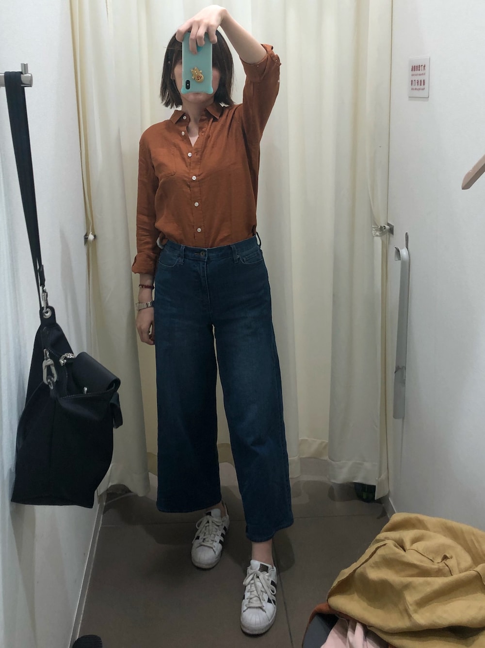 「mujiのアイテム（シャツ/ブラウス、オレンジ系）」を使った、喝热水的小怪兽さん（レディース・166cm）の春コーディネートの1枚目の写真