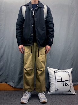 「アイテム（バックパック/リュック、シルバー系）」を使った、🇨🇳我是白板呀さん（メンズ・174cm）の秋コーディネート