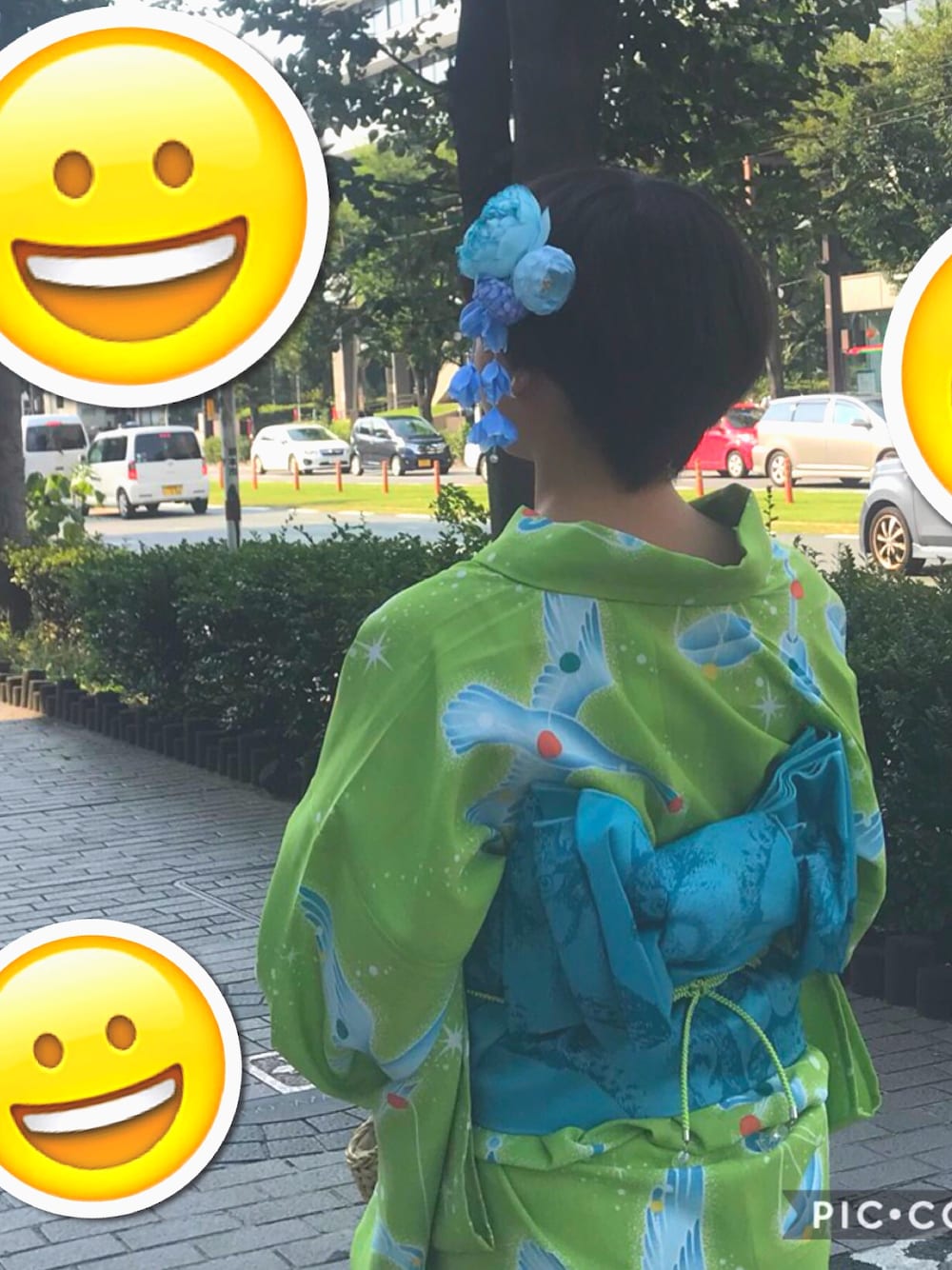 「浴衣、祭り、友達」｜「kimonomachiの女性浴衣単品 もえぎ色 星　（浴衣、グリーン系）」を使った、ちひろさん（レディース・149cm）の夏コーディネートの1枚目の写真