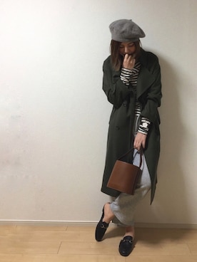 「アイテム（トレンチコート、グリーン系）」を使った、erina さん（レディース・165cm）の冬コーディネート