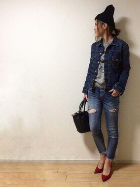 「Ungrid（アングリッド）のフレイドヘムストスリ（デニムパンツ）」を使った、erina さん（レディース・165cm）の冬コーディネート