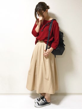 「ワッフルクルーネックＴ」｜「アイテム（スウェット）」を使った、erina さん（レディース・165cm）の秋コーディネート