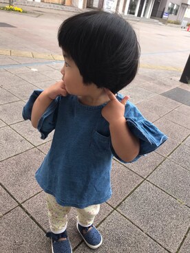 「西松屋（ニシマツヤ）のアイテム（Tシャツ/カットソー、ブルー系）」を使った、あおいさん（キッズ・110cm）の秋コーディネート