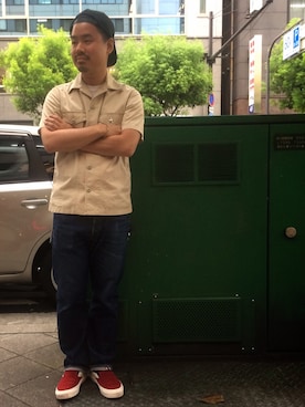 「SCHOTT」｜「アイテム（スリッポン）」を使った、wakiさん（メンズ・165cm）の夏コーディネート