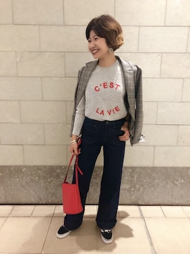「Banana Republic（バナナリパブリック）のHigh-Rise Wide-Leg Jean（デニムパンツ、ブルー系）」を使った、バナナ・リパブリック星が丘テラスさん（レディース・158cm）の秋コーディネート