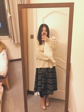 「アイテム（ブーティ、ピンク系）」を使った、刘家猫さん（レディース・157cm）の冬コーディネート