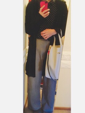 「UNIQLO（ユニクロ）のレーヨンプリントブラウス（長袖）（シャツ/ブラウス、ブラック系）」を使った、YUKIさん（レディース）の秋コーディネート