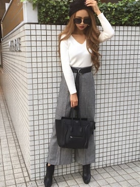 「RESEXXY（リゼクシー）のベルト付きツイードワイドパンツ（その他パンツ、グレー系）」を使った、RESEXXYさん（レディース・160cm）の秋コーディネート