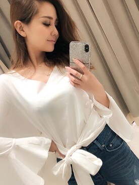 「RESEXXY（リゼクシー）のウエストリボン袖フレアトップス（Tシャツ/カットソー、ホワイト系）」を使った、RESEXXYさん（レディース・160cm）の冬コーディネート