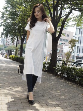 「RESEXXY（リゼクシー）のサイドスリットロングTシャツ（Tシャツ/カットソー、ホワイト系）」を使った、RESEXXYさん（レディース・160cm）の夏コーディネート
