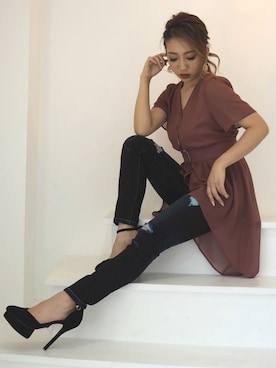 「アイテム（シャツ/ブラウス、ピンク系）」を使った、RESEXXYさん（レディース・156cm）の夏コーディネート