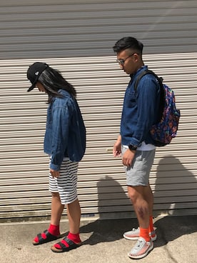 「D.M.G.（ドミンゴ）のアイテム（シャツ/ブラウス、ブルー系）」を使った、あこさん（レディース・155cm）の春コーディネート