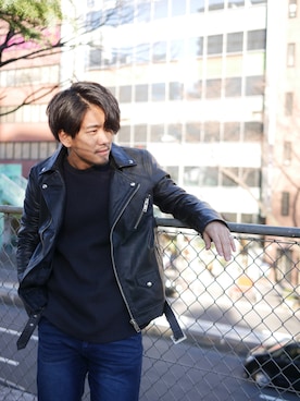 「jiggys shop（ジギーズショップ）のアイテム（ライダースジャケット）」を使った、Shinoさん（メンズ・170cm）の冬コーディネート