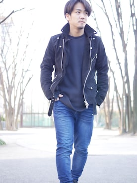 「jiggys shop（ジギーズショップ）のアイテム（ライダースジャケット）」を使った、Shinoさん（メンズ・170cm）の冬コーディネート