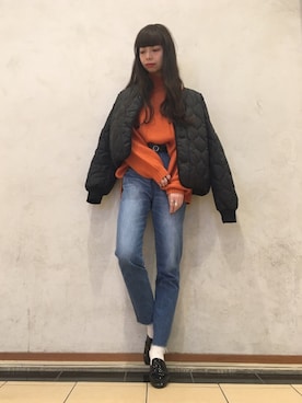 「ハイウエストパンツ」｜「アイテム（ブルゾン）」を使った、ここさん（レディース・163cm）の冬コーディネート