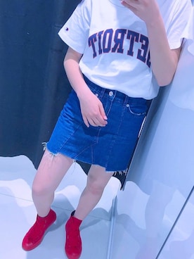 「Champion（チャンピオン）の【Champion】プリントTシャツ（Tシャツ/カットソー、ホワイト系）」を使った、Miさん（レディース・154cm）の夏コーディネート