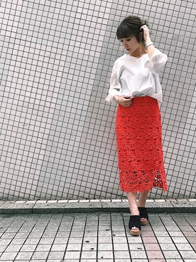 「アイテム（スカート、オレンジ系）」を使った、yurikoさん（レディース・153cm）の春コーディネート