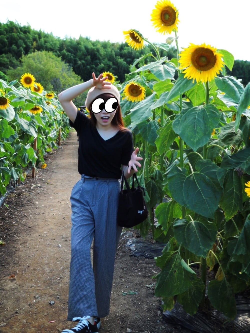 「ootd、summer、ひまわり畑、シンプルコーデ、カジュアルコーデ、スニーカーコーデ、低身長」｜「OPAQUE.CLIPのVネックスーピマコットンTシャツ（Tシャツ/カットソー、ブラック系）」を使った、アサカさん（レディース・152cm）の夏コーディネートの1枚目の写真