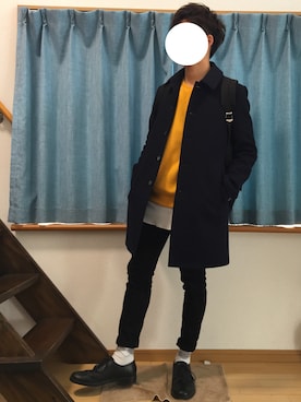 「UNITED TOKYO（ユナイテッドトウキョウ）のメリノメルトンステンカラーコート（ステンカラーコート、ブルー系）」を使った、kouさん（メンズ・165cm）の冬コーディネート