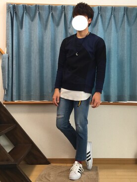 「STUDIOUS（ステュディオス）のSTUDIOUS パッチワークスウェット（スウェット、ブルー系）」を使った、kouさん（メンズ・165cm）の春コーディネート