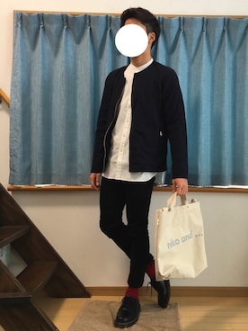 「RAGEBLUE（レイジブルー）のTRノーカラーZIP長袖/568576（シャツ/ブラウス、ブルー系）」を使った、kouさん（メンズ・165cm）の春コーディネート