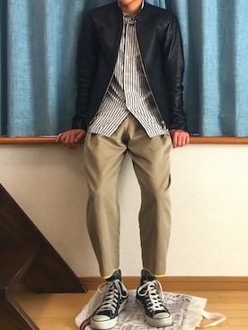「オールスター」｜「アイテム（ライダースジャケット）」を使った、kouさん（メンズ・165cm）の冬コーディネート