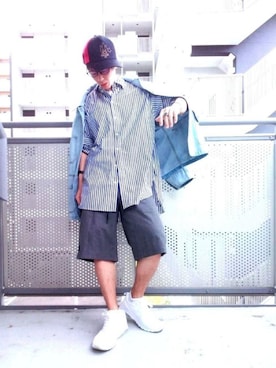 「PPFM（ピーピーエフエム）のアイテム（帽子）」を使った、ゆきだるまさん（メンズ・168cm）の夏コーディネート