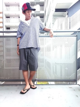 「PPFM（ピーピーエフエム）のアイテム（帽子）」を使った、ゆきだるまさん（メンズ・168cm）の夏コーディネート