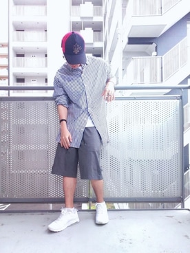 「PPFM（ピーピーエフエム）のアイテム（帽子）」を使った、ゆきだるまさん（メンズ・168cm）の夏コーディネート