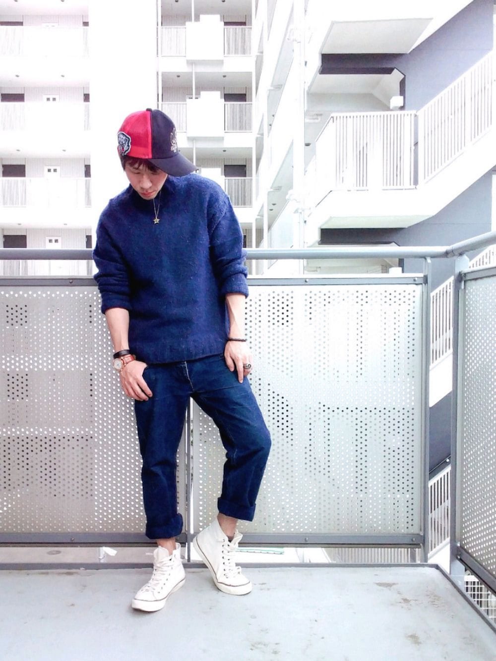 「休日スタイル、低身長、UNIQLO、プチプラ、大人コーデ、カジュアル、おしゃれさんと繋がりたい、キャップ、デンハム」｜「PPFMのアイテム（キャップ、ピンク系）」を使った、ゆきだるまさん（メンズ・168cm）の春コーディネートの1枚目の写真